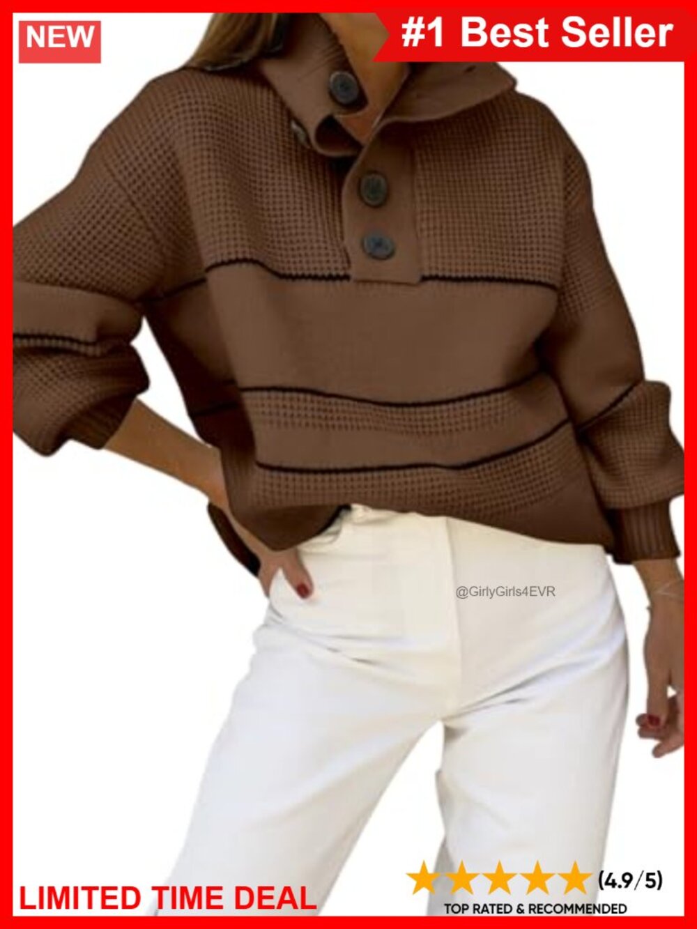 Waffle Knit Sweater 1/2 Button Polo Collared Pullover Striped Slouchy Oversized - Picture 3 of 5